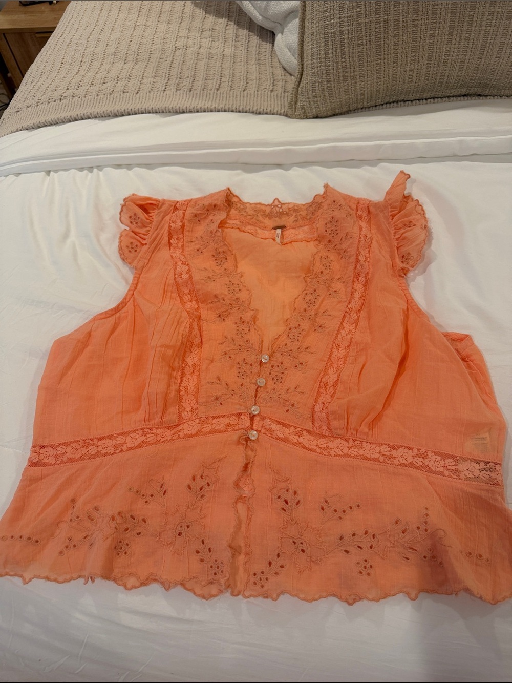 Free People Coral-Orange Lace Trim Eyelet Camisole